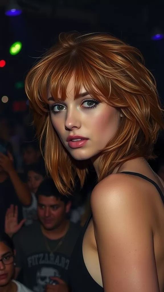 A woman with voluminous medium shag haircut and textured bangs, set in a lively background.