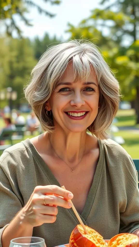 A smiling woman with a voluminous short shag haircut, enjoying a meal outdoors.