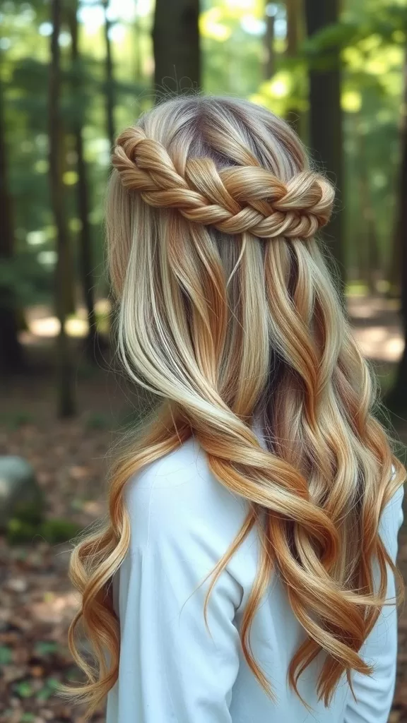 A woman with long blonde hair styled in a waterfall braid, showcasing loose waves and a natural forest background.