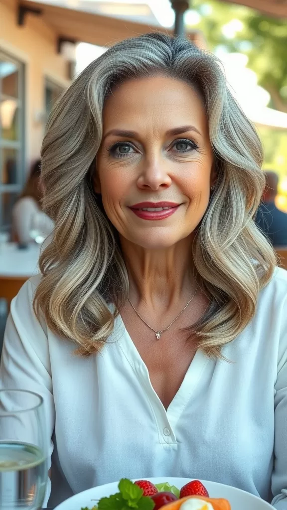 A woman with wavy lob hairstyle and face-framing layers, smiling at a table with a meal.