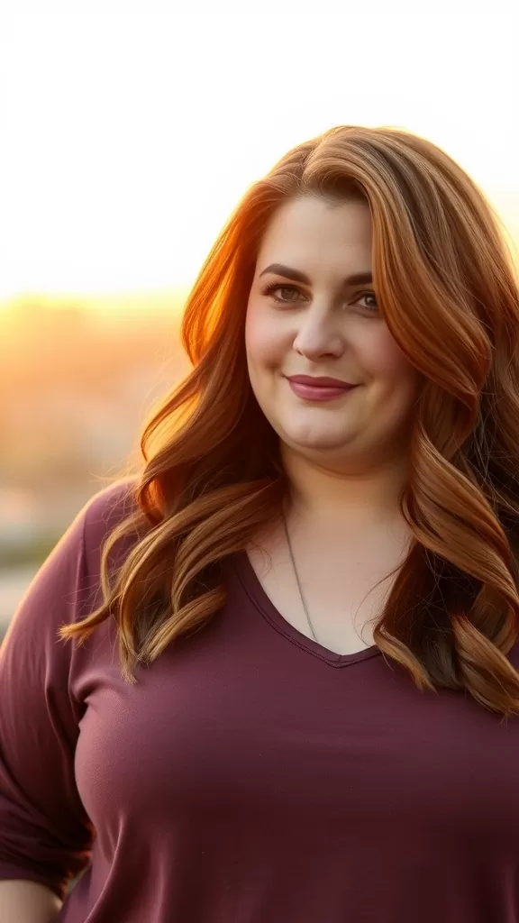 Woman with wavy lob haircut and side part, wearing a burgundy top, smiling in a sunset background.