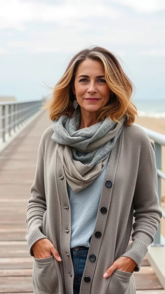 A woman with medium-length wavy hair styled in a wavy lob with subtle ombre, wearing a cozy cardigan and a scarf, standing on a wooden walkway by the beach.