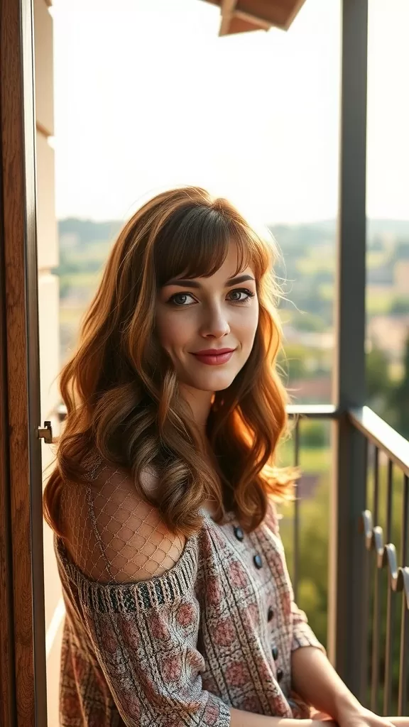 A woman with wavy medium-length hair and Bardot bangs, looking stylish on a balcony.