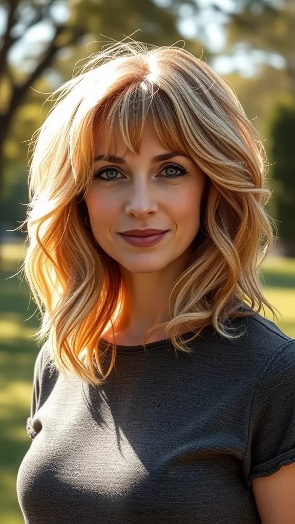 A woman with medium wavy hair and curtain bangs, smiling outdoors