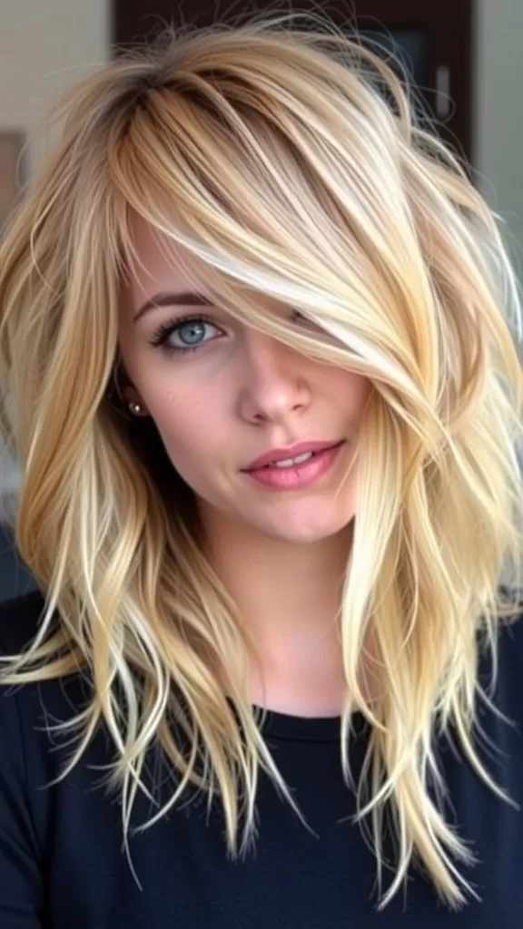 A woman with wavy shag haircut, showcasing layers and texture that flatter a round face.