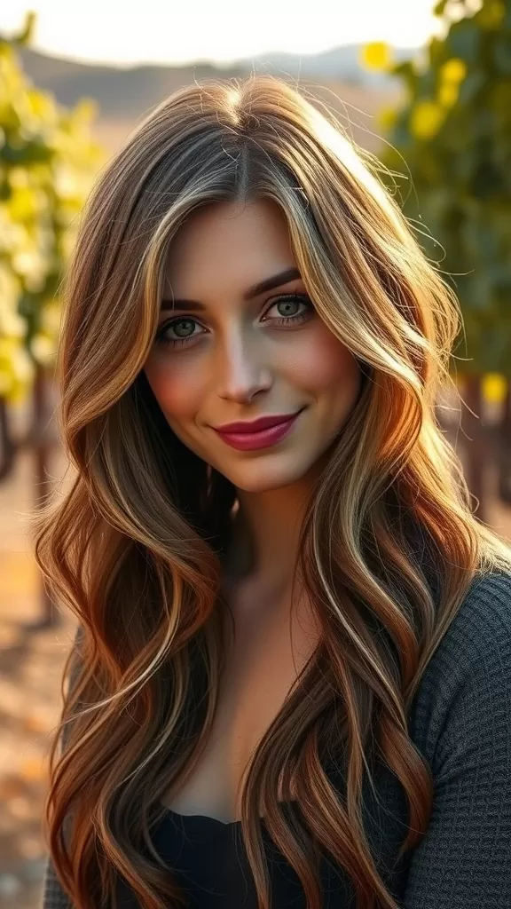 A woman with long, wavy shag haircut, showcasing wispy layers and soft highlights.
