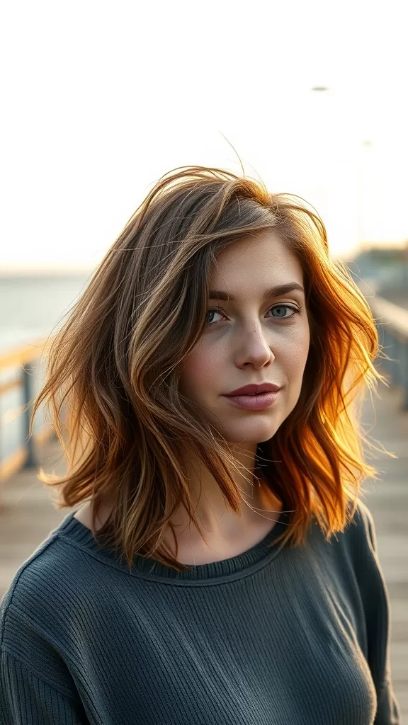 Young woman with wavy shag haircut featuring messy layers, looking outdoors.