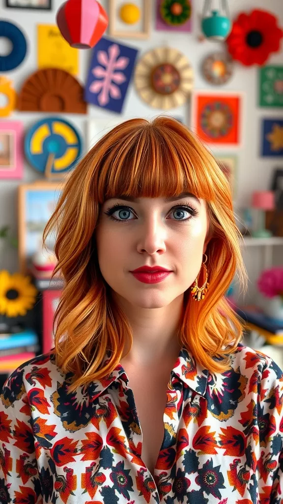 A woman with wavy shag hairstyle and micro bangs, wearing a colorful floral shirt, set against a vibrant wall with various decorations.