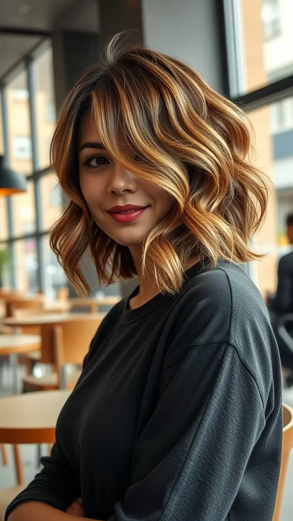 A woman with wavy shag haircut featuring tapered layers, showcasing a modern and stylish look.