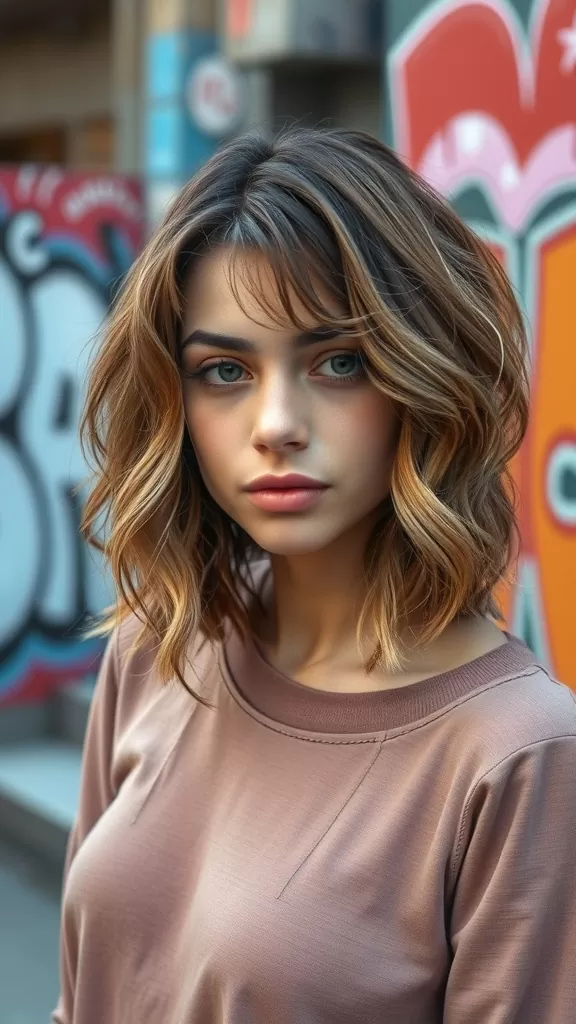 A woman with wavy shag haircut and thick fringe, showcasing a relaxed and stylish appearance