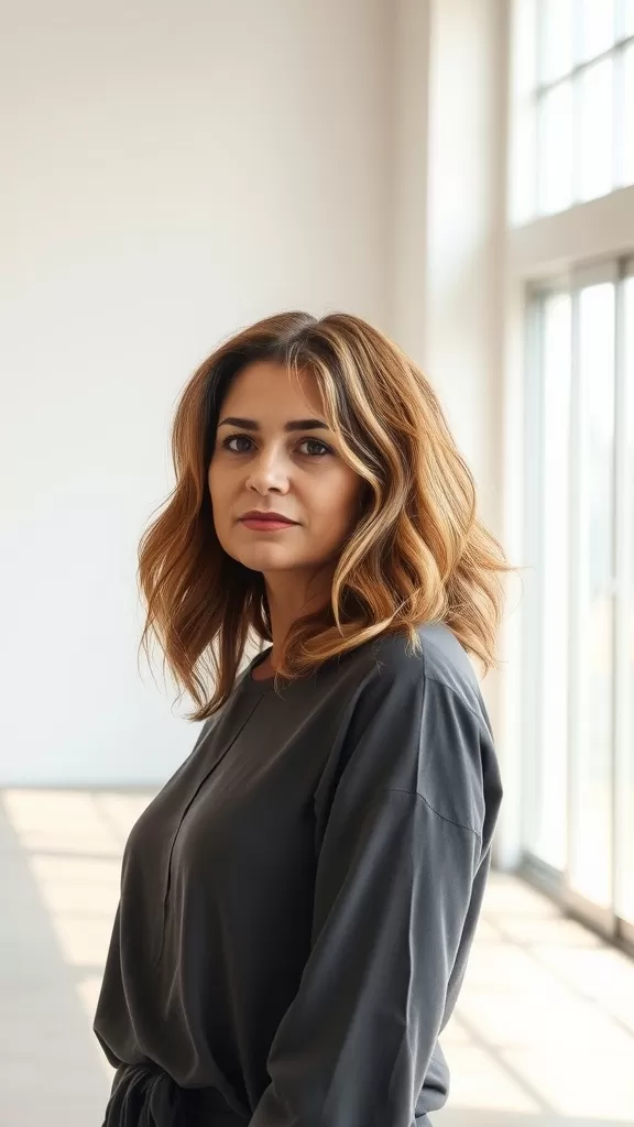 A woman with wavy shag haircut and voluminous crown, facing sideways.