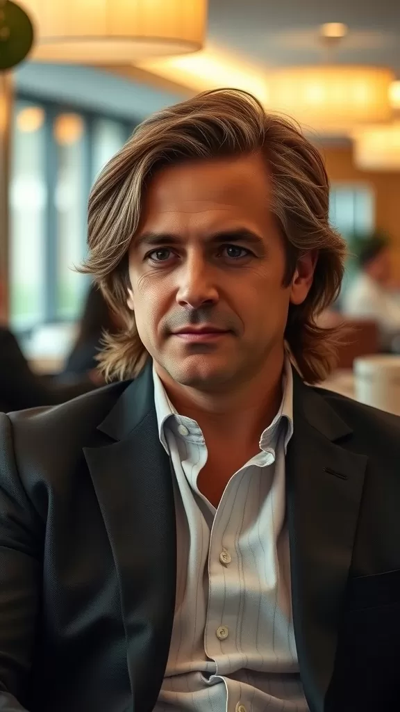 A man with wavy hair styled in a side sweep, wearing a suit, looking sophisticated.