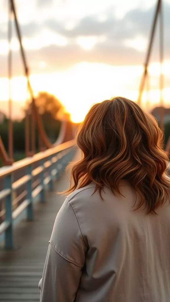 A woman with wavy stacked bob hairstyle, looking out towards the sunset from a bridge.