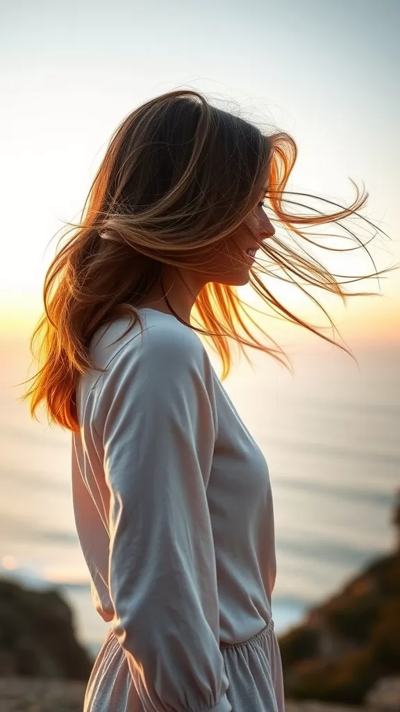 Woman with long hair in a windswept shag style, standing against a sunset backdrop.