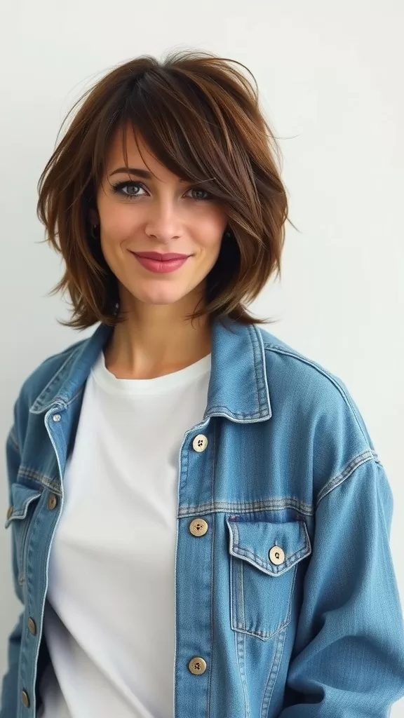 A woman with medium shag hairstyle featuring wispy bangs, smiling and wearing a denim jacket.