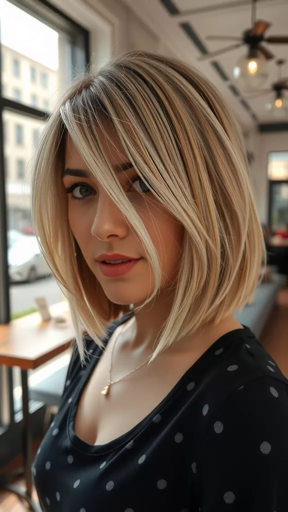 A woman with a bob hairstyle and wispy bangs, featuring highlights