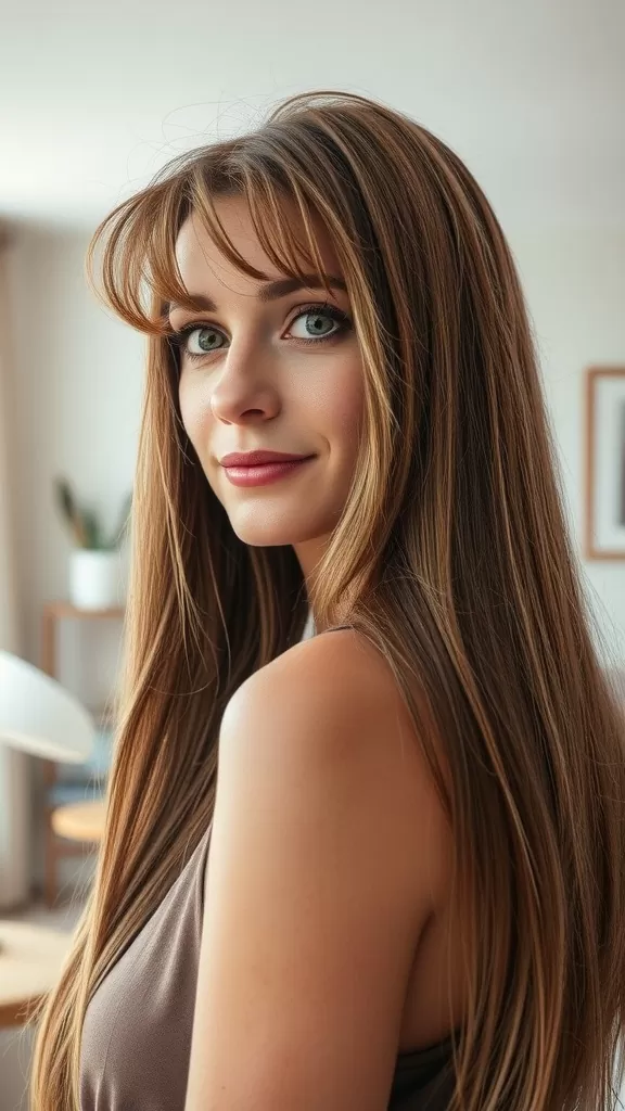A woman with long layers and wispy bangs, showcasing a stylish and low-maintenance haircut.