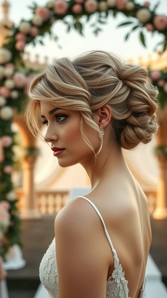 A woman with a romantic updo and wispy bangs, set against a beautiful outdoor backdrop.