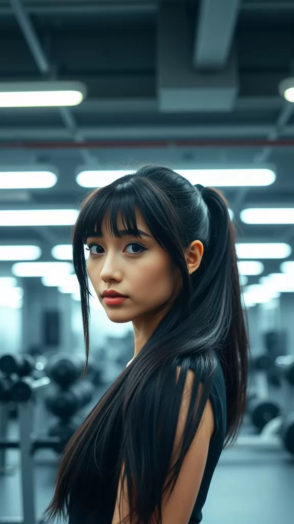Woman with long hair in a sleek ponytail and wispy bangs