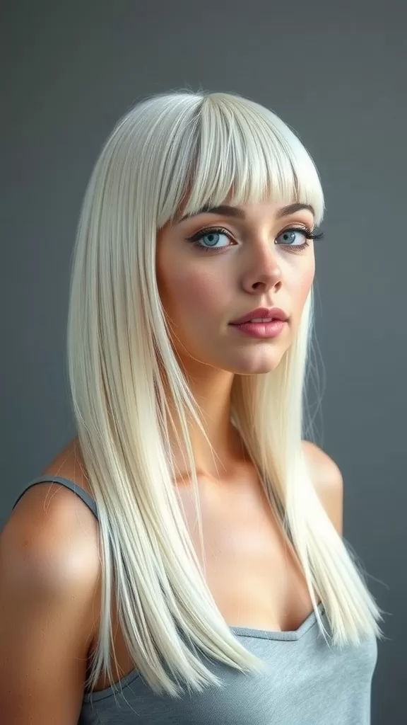 A woman with straight long hair and wispy bangs, showcasing a modern hairstyle.