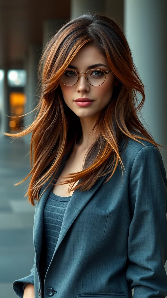 A woman with a shag haircut and wispy curtain bangs, showcasing a trendy look.