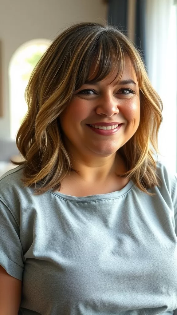 A woman with a wispy lob haircut featuring face-framing layers, smiling warmly.