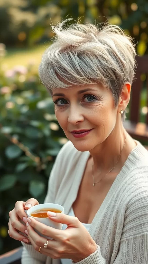 A woman with a wispy pixie cut, smiling while holding a cup, surrounded by greenery.