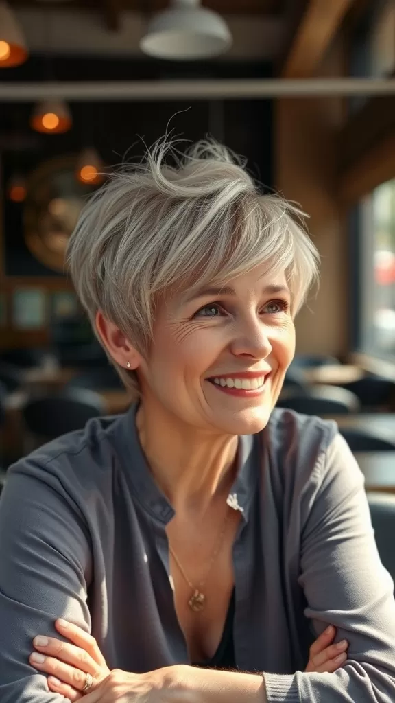 A woman with a wispy pixie haircut and highlights, smiling in a café setting.