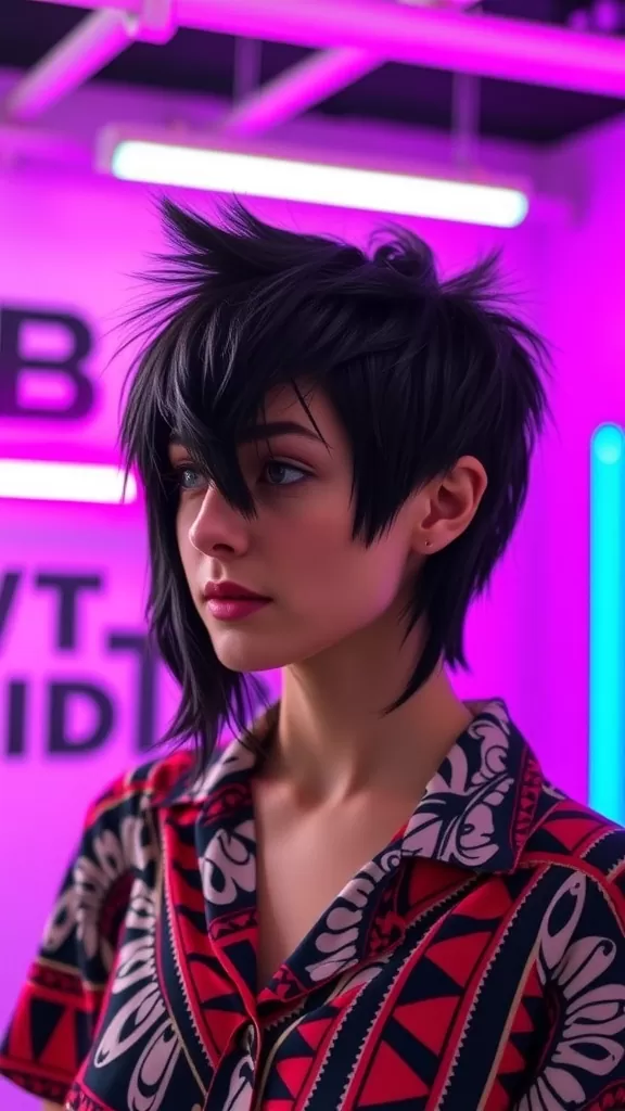 A model with a wolf cut shag hairstyle, featuring dark, tousled hair and wearing a patterned shirt, against a bright, colorful background.